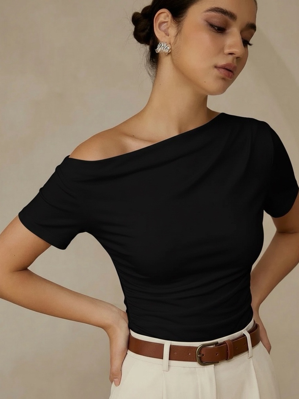 Commense Ruched Off Shoulder Slim Short Sleeve Top